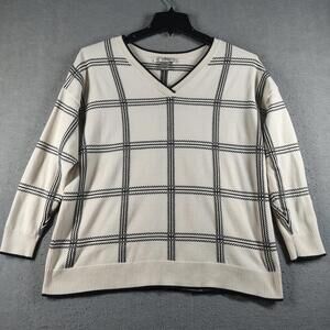Cj Banks Womens Plus 1X Ivory Black Windowpane V Neck Knit Sweater Soft Cozy
